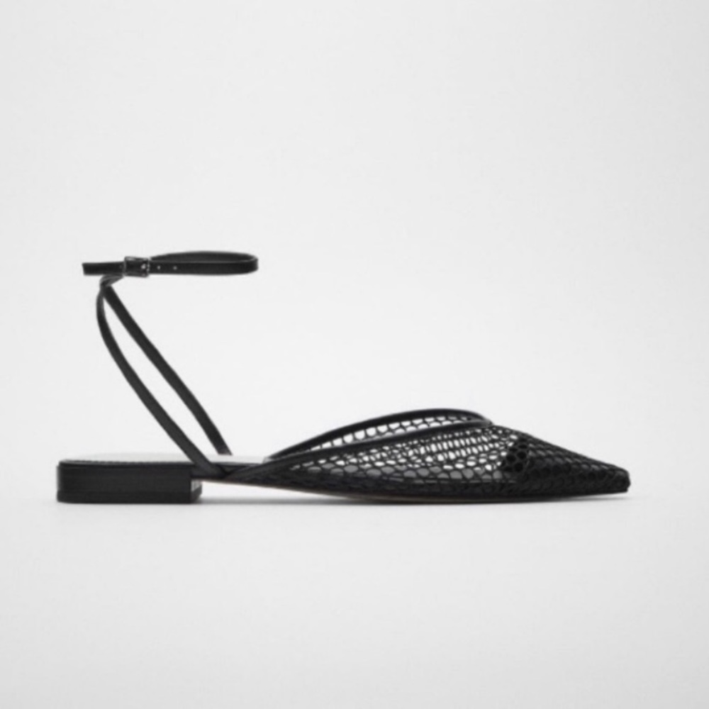 Zara Black Mesh Pointed-Toe Ankle-Strap Flats